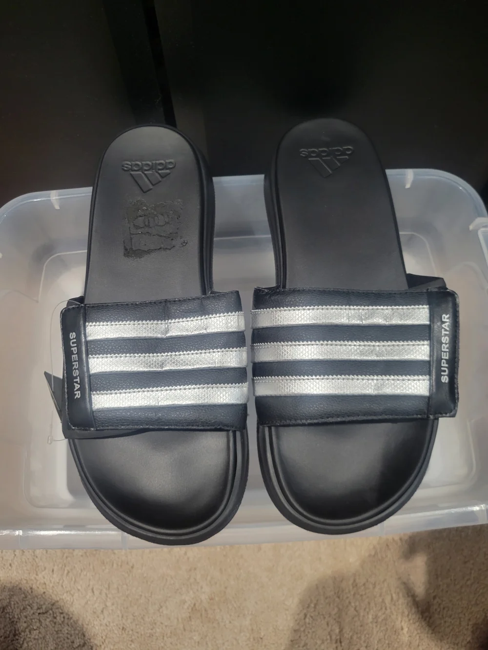 Men's adidas Black Slides with Metallic Silver Stripes - Superstar 4G